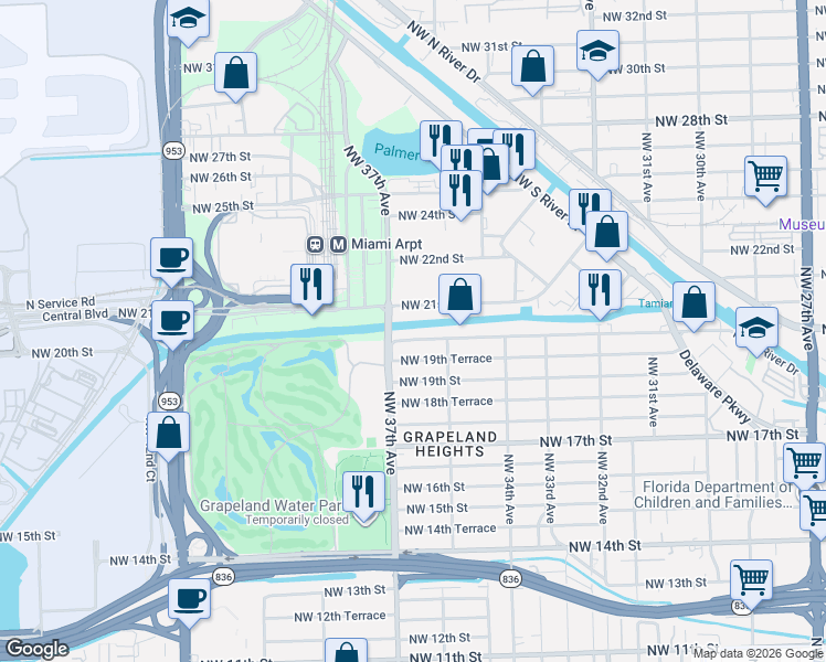 map of restaurants, bars, coffee shops, grocery stores, and more near 3621 Northwest 20th Street in Miami
