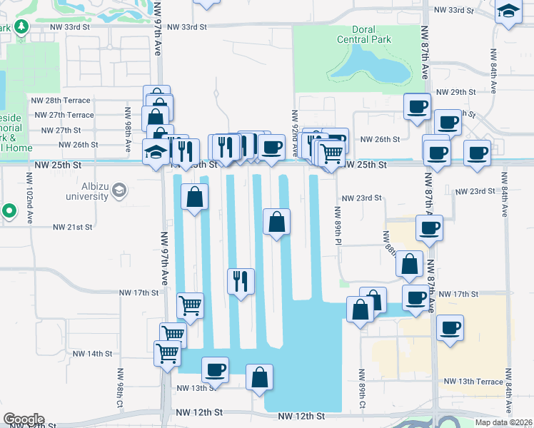 map of restaurants, bars, coffee shops, grocery stores, and more near 2200 Northwest 93rd Avenue in Doral