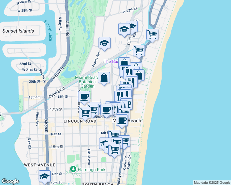 map of restaurants, bars, coffee shops, grocery stores, and more near 1809 Washington Avenue in Miami Beach