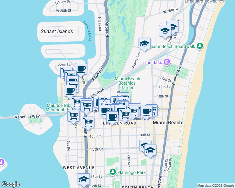 map of restaurants, bars, coffee shops, grocery stores, and more near 1821 Jefferson Avenue in Miami Beach