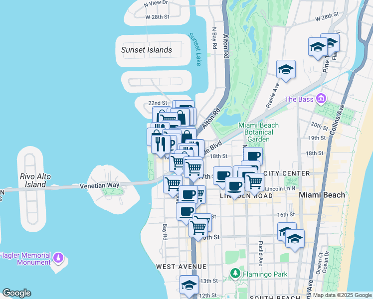 map of restaurants, bars, coffee shops, grocery stores, and more near 1819 West Avenue in Miami Beach