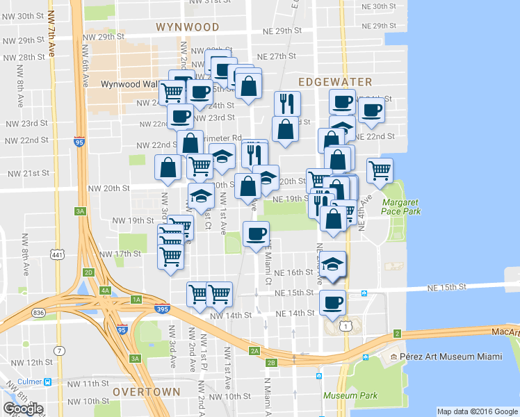 map of restaurants, bars, coffee shops, grocery stores, and more near 1901 North Miami Avenue in Miami
