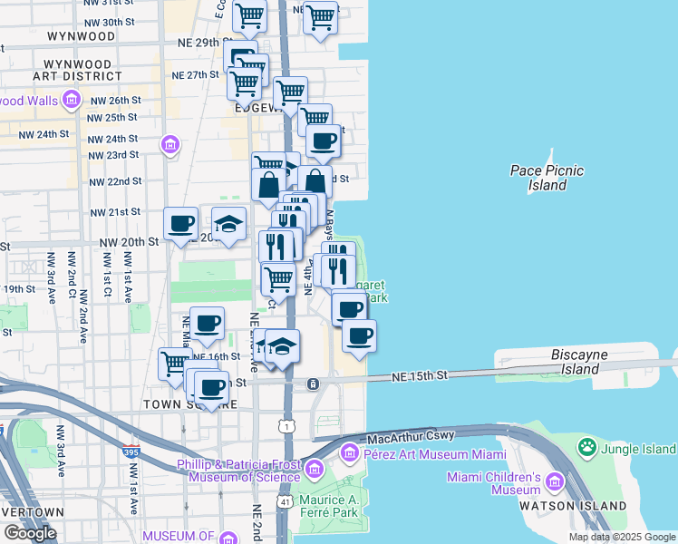 map of restaurants, bars, coffee shops, grocery stores, and more near 1800 North Bayshore Drive in Miami