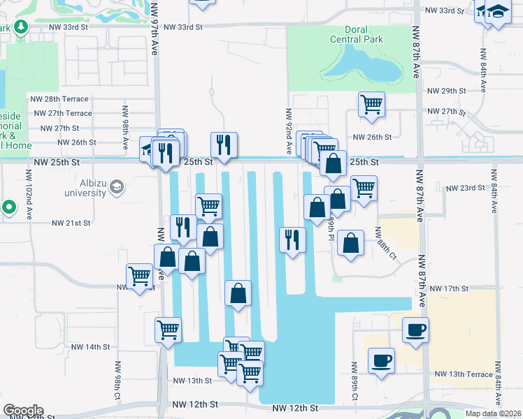 map of restaurants, bars, coffee shops, grocery stores, and more near 2200 Northwest 93rd Avenue in Doral