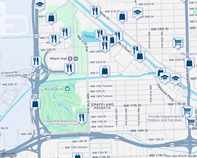 map of restaurants, bars, coffee shops, grocery stores, and more near 3621 Northwest 20th Street in Miami