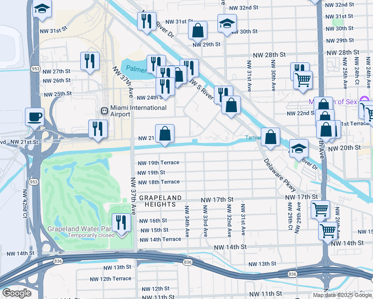 map of restaurants, bars, coffee shops, grocery stores, and more near 3381 Northwest 20th Street in Miami