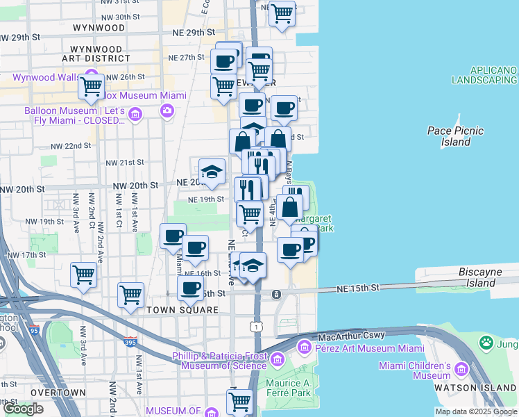 map of restaurants, bars, coffee shops, grocery stores, and more near 1820 Northeast 4th Avenue in Miami