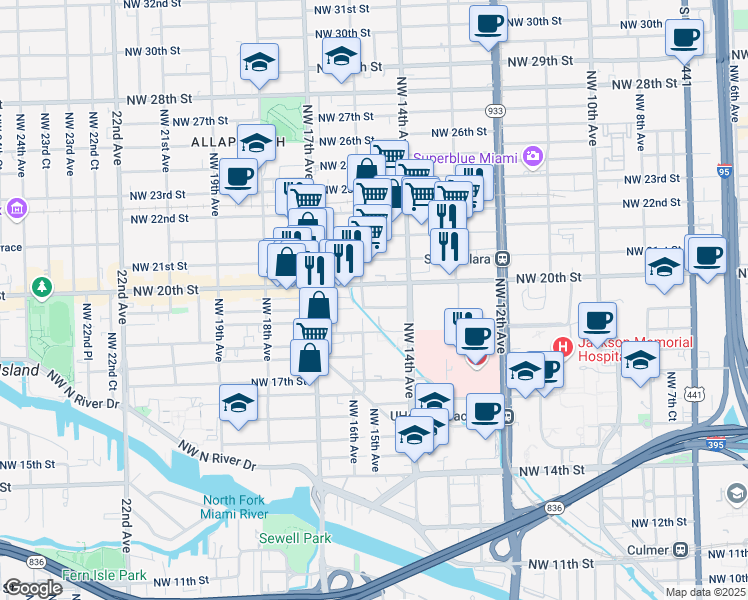 map of restaurants, bars, coffee shops, grocery stores, and more near 1465 Northwest 15th Avenue in Miami