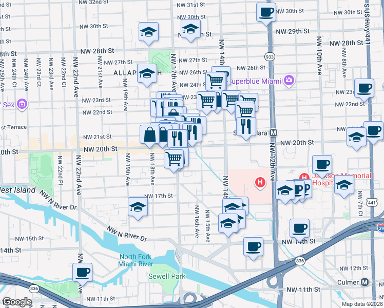 map of restaurants, bars, coffee shops, grocery stores, and more near 1525 Northwest 19th Terrace in Miami