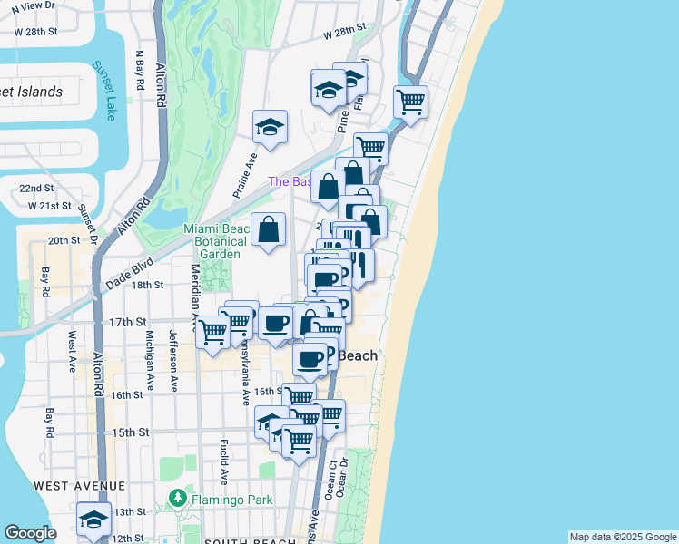 map of restaurants, bars, coffee shops, grocery stores, and more near 1800 Collins Avenue in Miami Beach