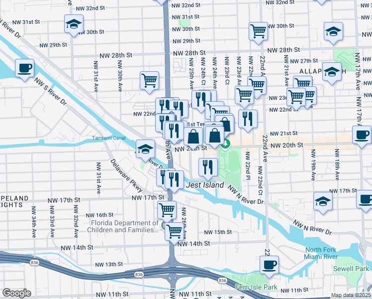 map of restaurants, bars, coffee shops, grocery stores, and more near 2500 Northwest 20th Street in Miami