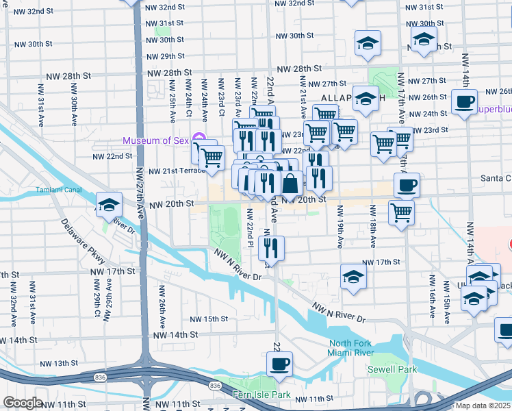 map of restaurants, bars, coffee shops, grocery stores, and more near in Miami