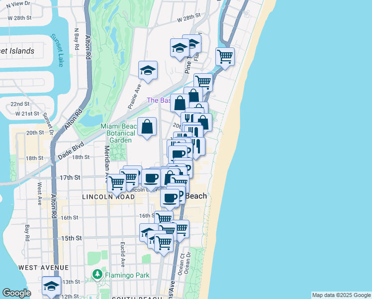 map of restaurants, bars, coffee shops, grocery stores, and more near 1800 Collins Avenue in Miami Beach