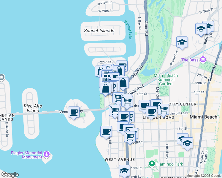 map of restaurants, bars, coffee shops, grocery stores, and more near 1801 Bay Road in Miami Beach