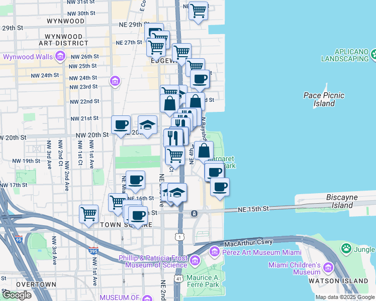 map of restaurants, bars, coffee shops, grocery stores, and more near 1820 Northeast 4th Avenue in Miami