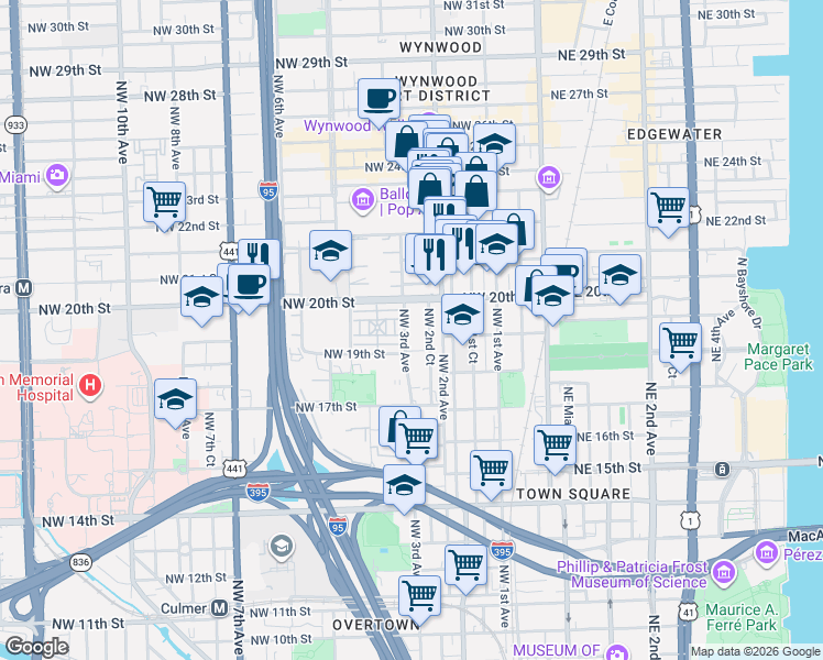 map of restaurants, bars, coffee shops, grocery stores, and more near 300 Northwest 19th Terrace in Miami