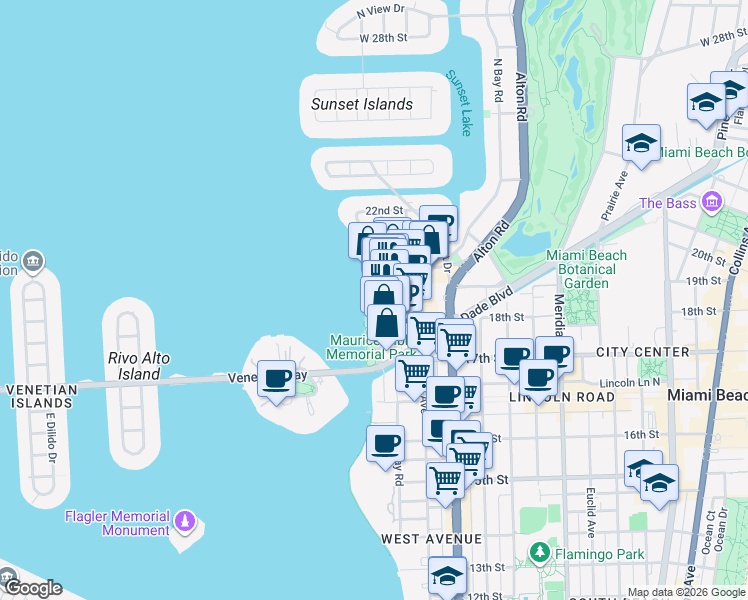 map of restaurants, bars, coffee shops, grocery stores, and more near 1827 Purdy Avenue in Miami Beach