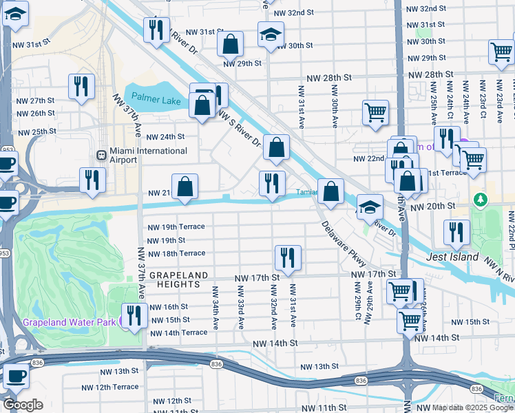 map of restaurants, bars, coffee shops, grocery stores, and more near 3241 Northwest 20th Street in Miami
