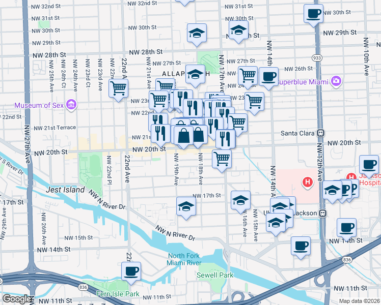 map of restaurants, bars, coffee shops, grocery stores, and more near 1833 Northwest 19th Terrace in Miami
