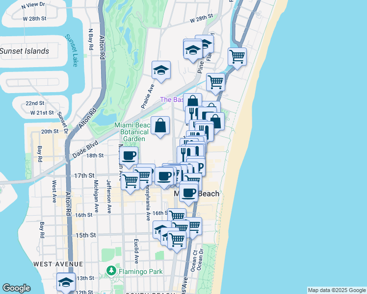 map of restaurants, bars, coffee shops, grocery stores, and more near in Miami Beach