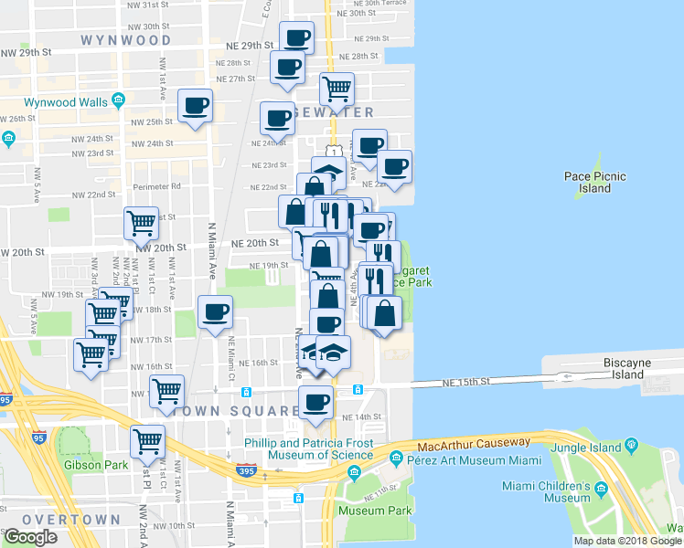 map of restaurants, bars, coffee shops, grocery stores, and more near 1825 Biscayne Boulevard in Miami