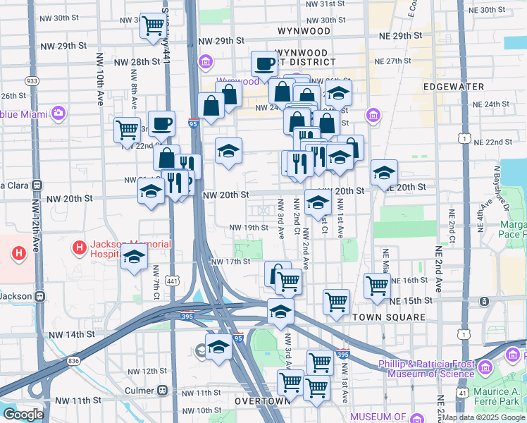 map of restaurants, bars, coffee shops, grocery stores, and more near 430 Northwest 19th Terrace in Miami