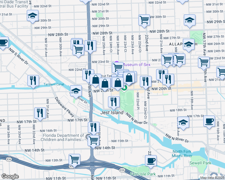 map of restaurants, bars, coffee shops, grocery stores, and more near 2428 Northwest 20th Street in Miami