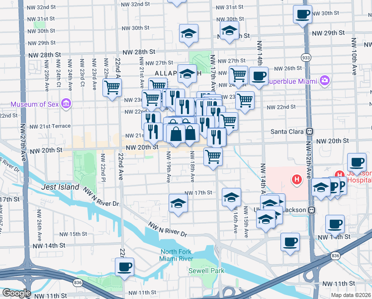 map of restaurants, bars, coffee shops, grocery stores, and more near 1833 Northwest 19th Terrace in Miami