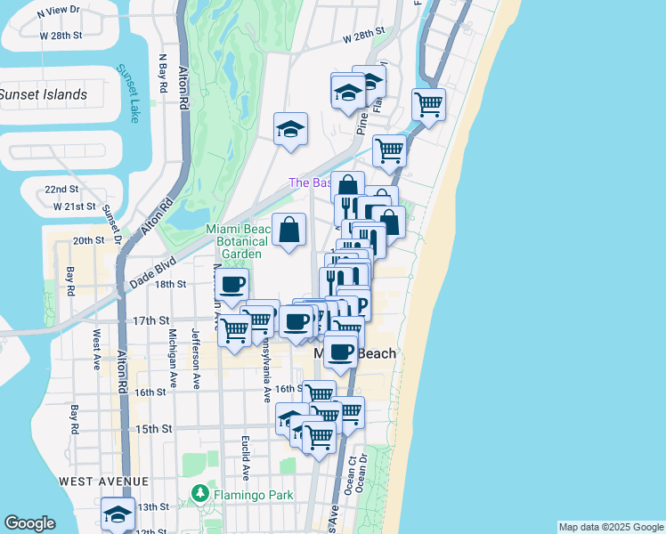 map of restaurants, bars, coffee shops, grocery stores, and more near in Miami Beach