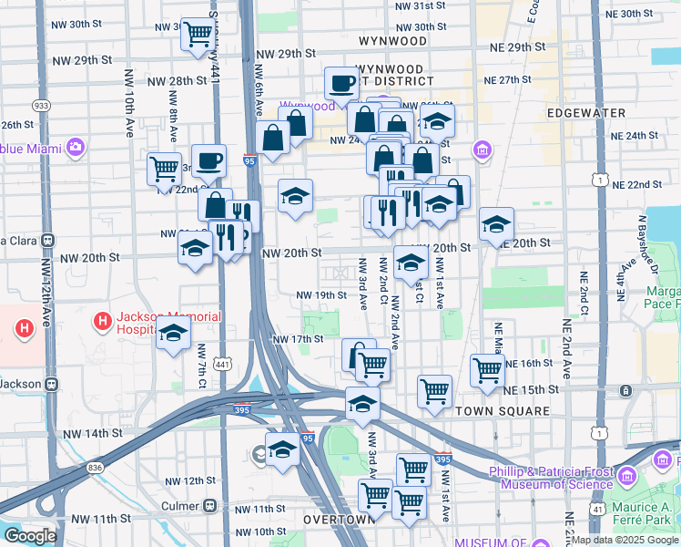 map of restaurants, bars, coffee shops, grocery stores, and more near 430 Northwest 19th Terrace in Miami