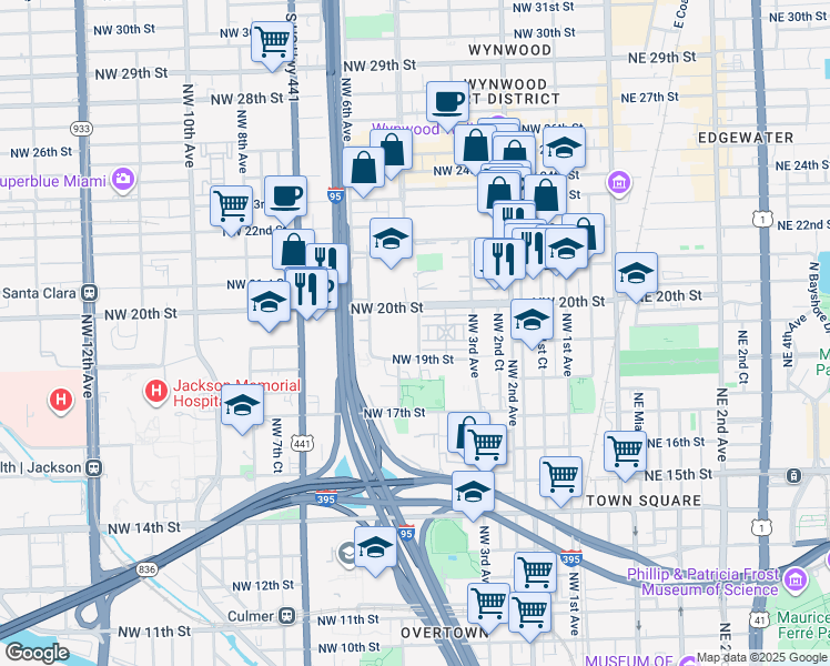 map of restaurants, bars, coffee shops, grocery stores, and more near 430 Northwest 19th Terrace in Miami