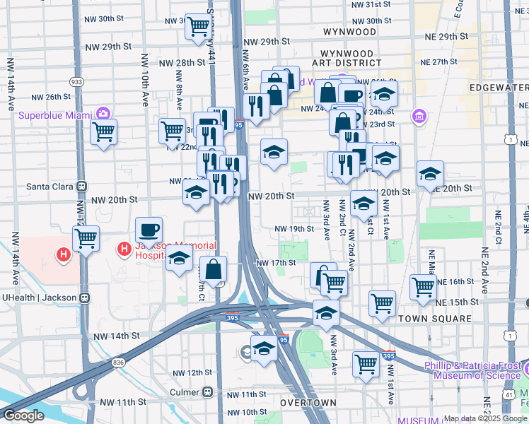 map of restaurants, bars, coffee shops, grocery stores, and more near 1945 Northwest 5th Place in Miami