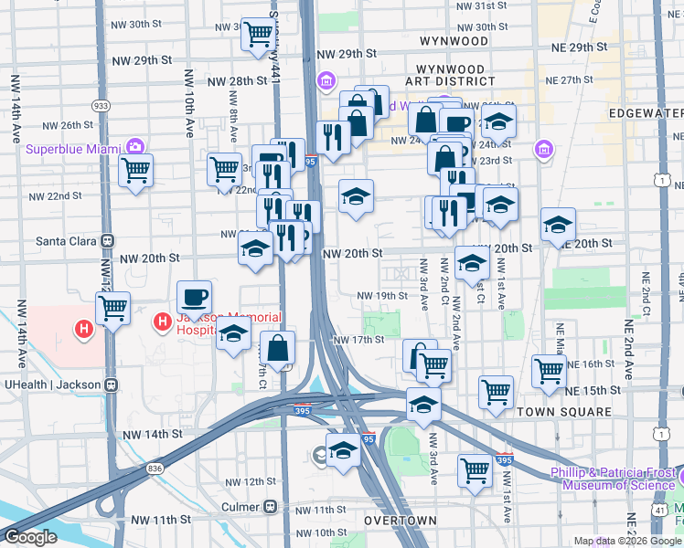 map of restaurants, bars, coffee shops, grocery stores, and more near 1945 Northwest 5th Place in Miami