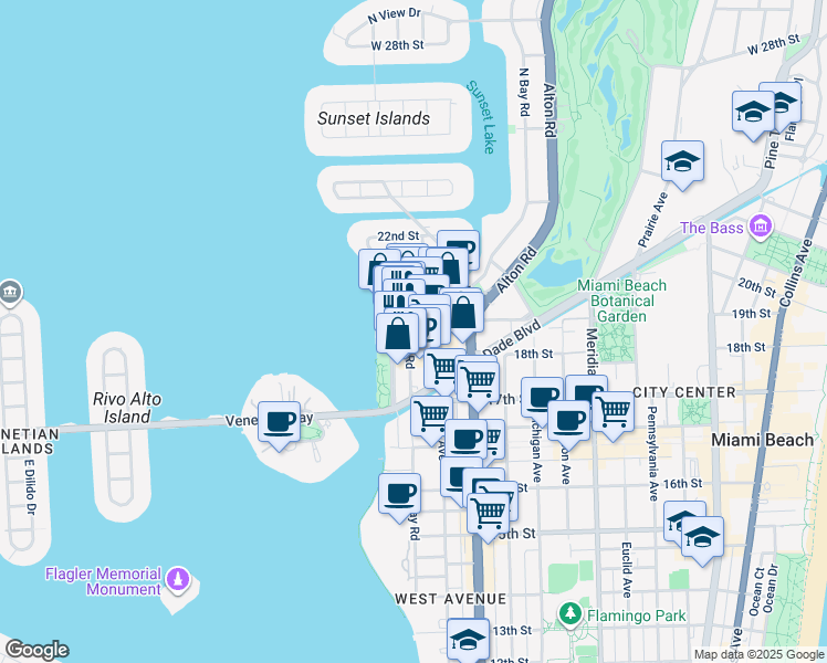 map of restaurants, bars, coffee shops, grocery stores, and more near 1801 Bay Road in Miami Beach
