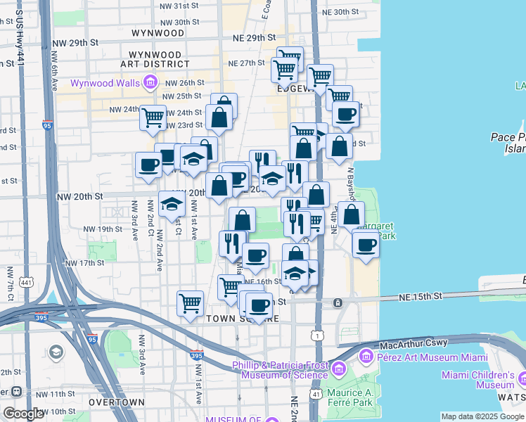 map of restaurants, bars, coffee shops, grocery stores, and more near 150 Northeast 19th Street in Miami
