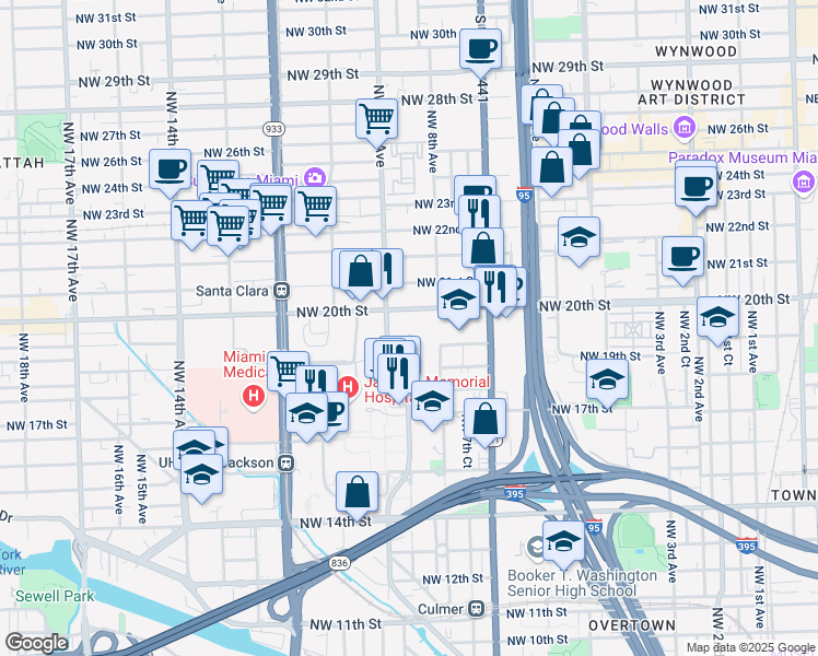 map of restaurants, bars, coffee shops, grocery stores, and more near 710 Northwest 20th Street in Miami