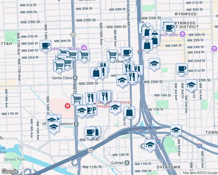 map of restaurants, bars, coffee shops, grocery stores, and more near 950 Northwest 20th Street in Miami