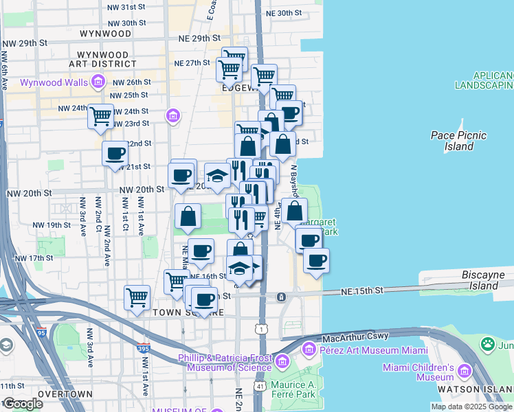 map of restaurants, bars, coffee shops, grocery stores, and more near 1851 Northeast 2nd Avenue in Miami