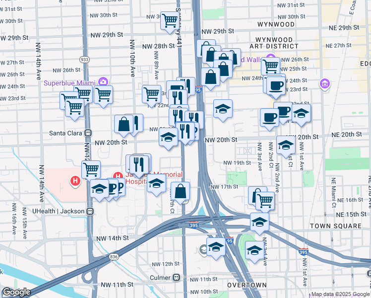 map of restaurants, bars, coffee shops, grocery stores, and more near 1953 Northwest 7th Avenue in Miami