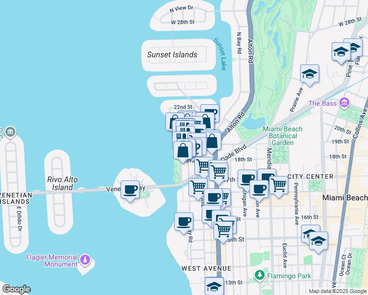 map of restaurants, bars, coffee shops, grocery stores, and more near 1801 Bay Road in Miami Beach