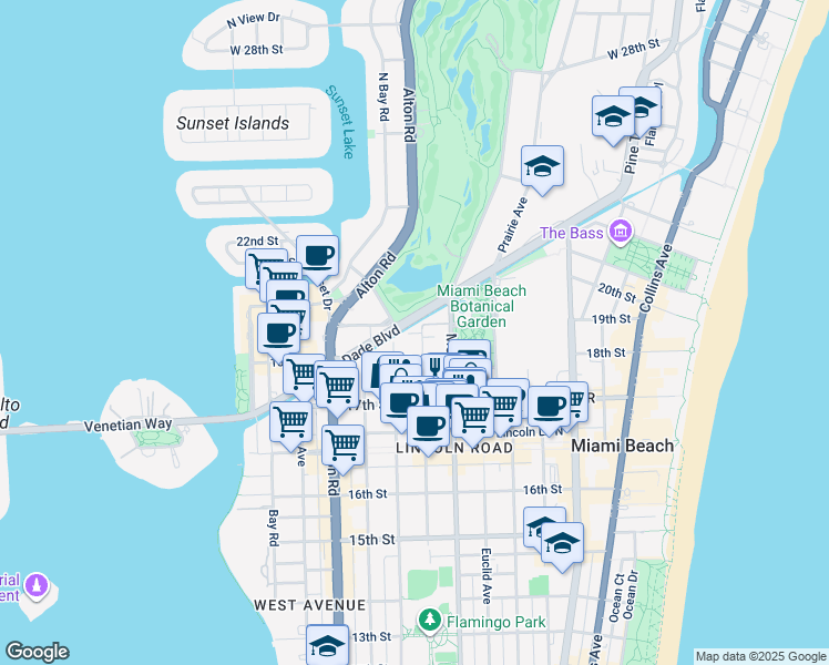 map of restaurants, bars, coffee shops, grocery stores, and more near 1821 Jefferson Avenue in Miami Beach