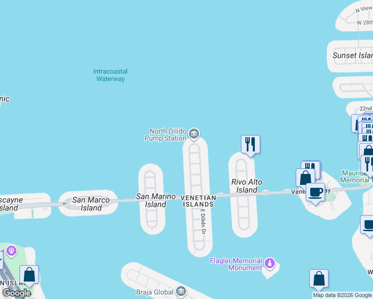 map of restaurants, bars, coffee shops, grocery stores, and more near 720 West Dilido Drive in Miami Beach