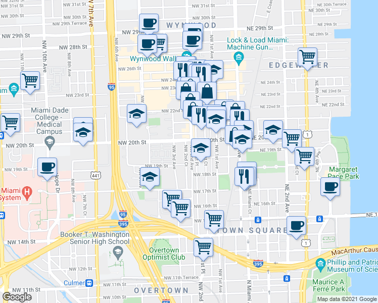map of restaurants, bars, coffee shops, grocery stores, and more near 1919 Northwest 2nd Court in Miami
