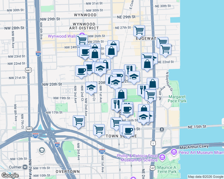 map of restaurants, bars, coffee shops, grocery stores, and more near 1901 North Miami Avenue in Miami