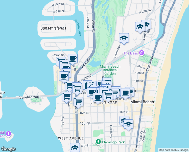 map of restaurants, bars, coffee shops, grocery stores, and more near 1821 Jefferson Avenue in Miami Beach