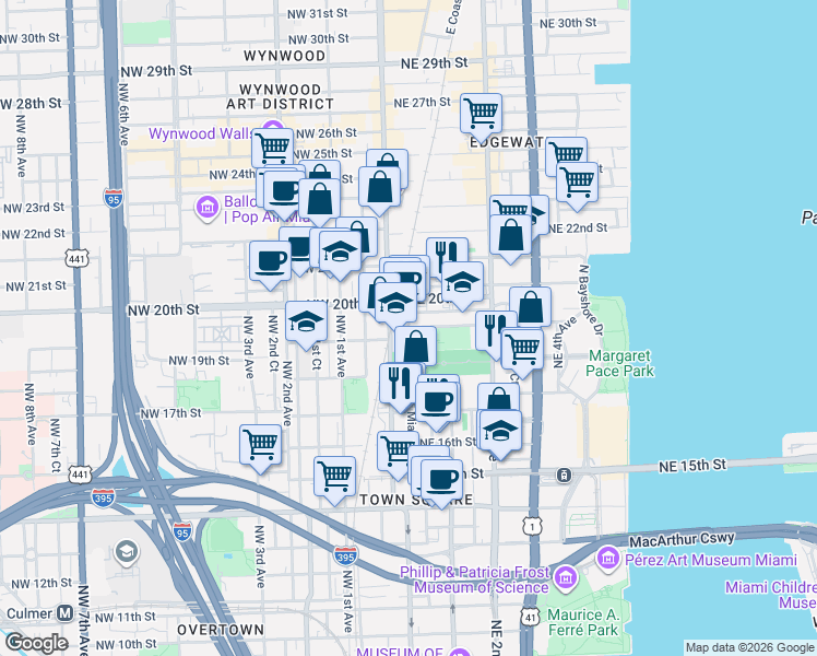 map of restaurants, bars, coffee shops, grocery stores, and more near 1901 North Miami Avenue in Miami