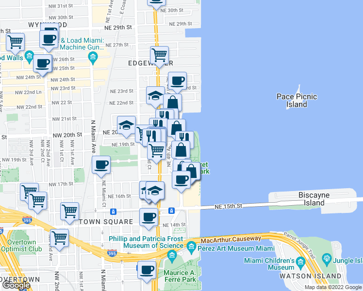 map of restaurants, bars, coffee shops, grocery stores, and more near 1800 North Bayshore Drive in Miami