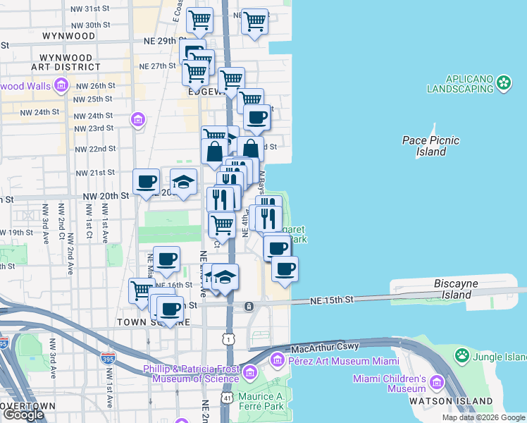 map of restaurants, bars, coffee shops, grocery stores, and more near 1800 North Bayshore Drive in Miami