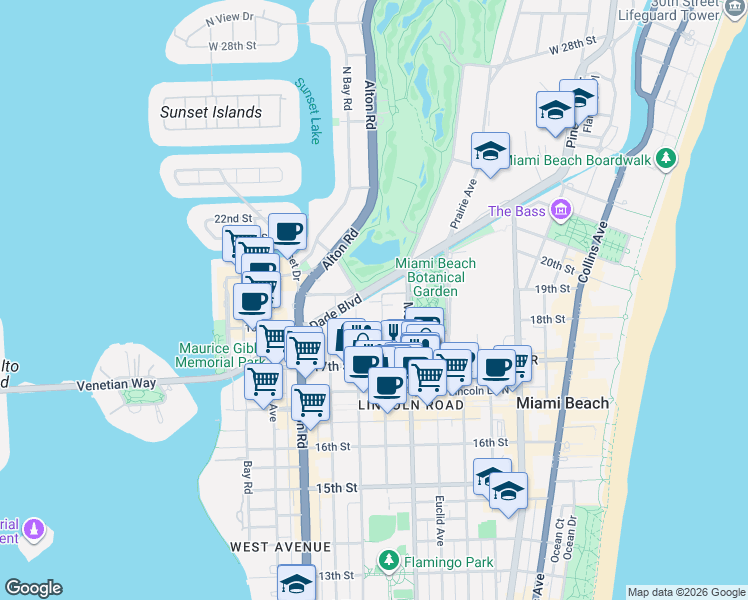map of restaurants, bars, coffee shops, grocery stores, and more near 1840 Jefferson Avenue in Miami Beach