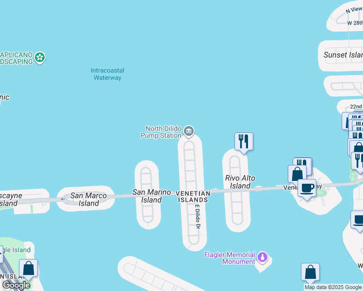 map of restaurants, bars, coffee shops, grocery stores, and more near 720 West Dilido Drive in Miami Beach